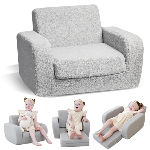 3-in-1 Foldable Toddler Couch and Sleeper Bed - Gray Sherpa Fleece