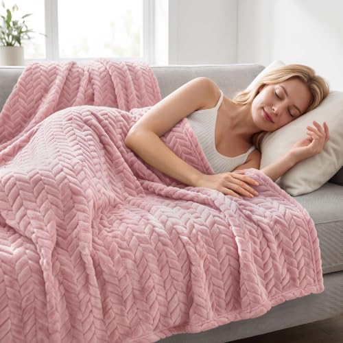 Exclusivo Mezcla Pink Fleece Throw Blanket for Couch - 50x70 Leaf Pattern