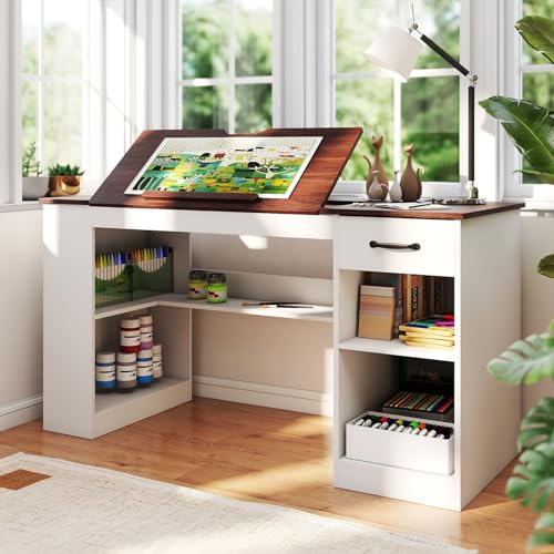 55.1" Tiltable Drafting Table with Storage, Drawer, and Power Outlets
