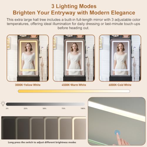 86.6" Extra Large Farmhouse Hall Tree with LED Mirror and Shoe Storage