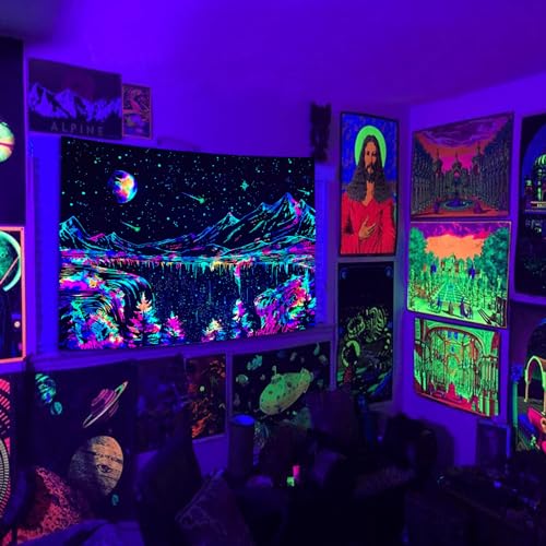 Blacklight Mountain Tapestry Glow in the Dark Moon Stars Wall Hanging (48" x 36")