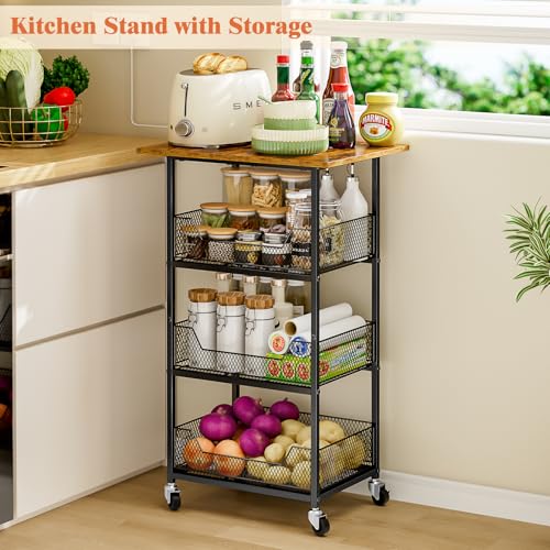 Rolling Microwave Cart with 3-Tier Storage Baskets and Shelving