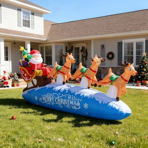 Funflatable 10 FT Santa Sleigh & Reindeer Christmas Inflatable Outdoor Decor