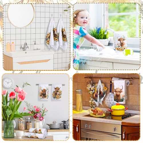 Highland Cattle Kitchen Towels - Set of 6 Farmhouse Floral Dishcloths