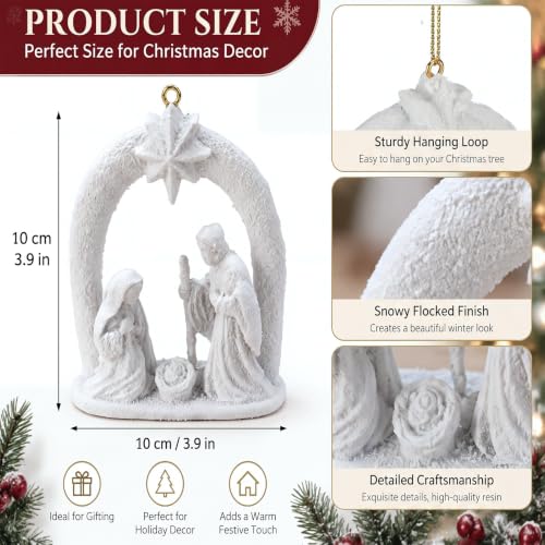 Nativity Scene Christmas Ornaments Set - Holy Family Religious Decor, Snowy Finish, 6-Pack