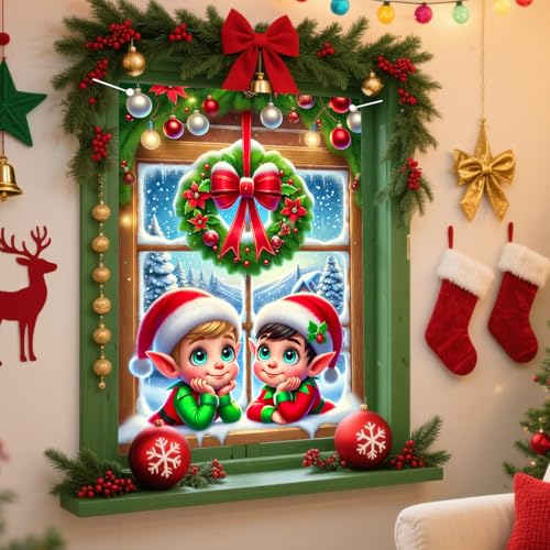 Nuxovilar Christmas Window Cover Holiday Banner 31x47in Elf Scene, Variation: CU01098