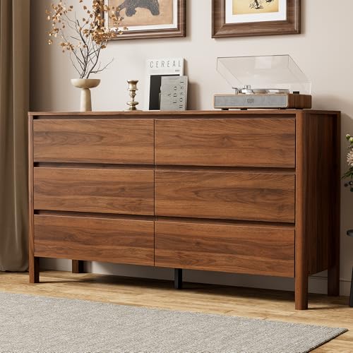 55-Inch 6-Drawer Mid-Century Modern Wood Dresser, Walnut Bedroom Chest