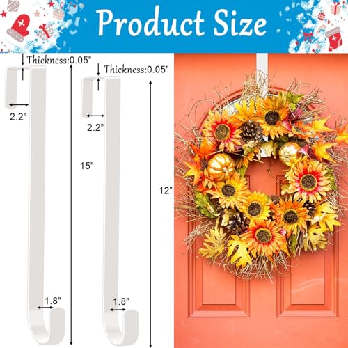 Over the Door Wreath Hangers, 4-Pack (12in & 15in) - White Metal Hooks