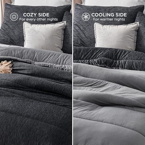 Queen Cooling Comforter Set - Reversible All-Season Bedding, Charcoal Black