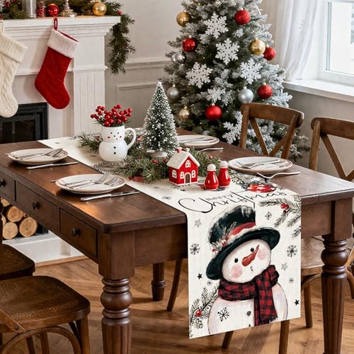 OTOSTAR Christmas Table Runner 13x120 Inch Snowman Pine Red Holiday Farmhouse Decor