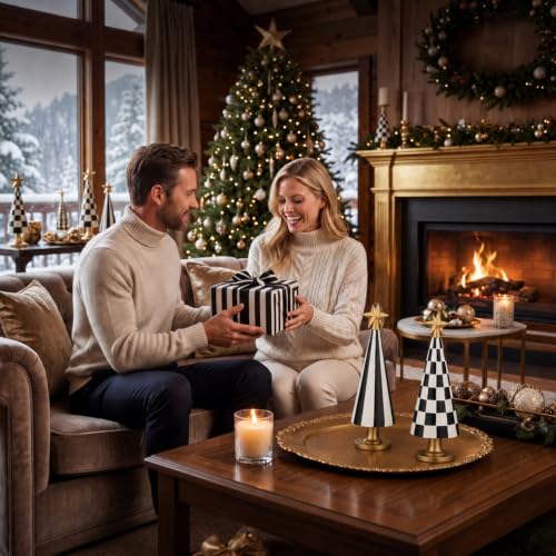 Chumia 2 Sets Christmas Tree Figurines with Stars, Black & White Decor, Size Variations Included