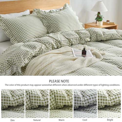 Sage Green Gingham Duvet Cover Set Queen, 3-Piece Soft Microfiber Ruffle Bedding