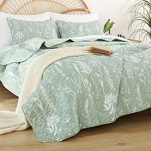 JANZAA Sage Green Queen Quilt Set - 3-Piece Lightweight Floral Bedspread