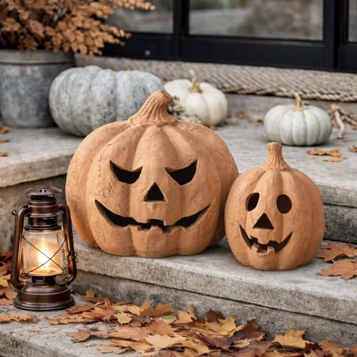 Handmade Terracotta Pumpkin Jack O' Lantern - 7.5" for Fall Decor