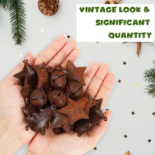 Classic 82 Pcs Rusty Metal Bells Christmas Kit with Jute Twine & Stars