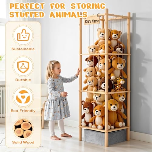 57-Inch Wooden Stuffed Animal Storage Zoo with Toy Tray and Nameplate