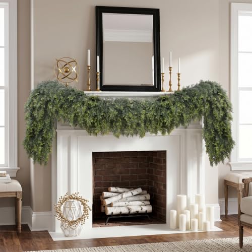 Rowfad 9FT Christmas Cedar Garland, 2 Pcs Real Touch Dark Green Holiday Decor