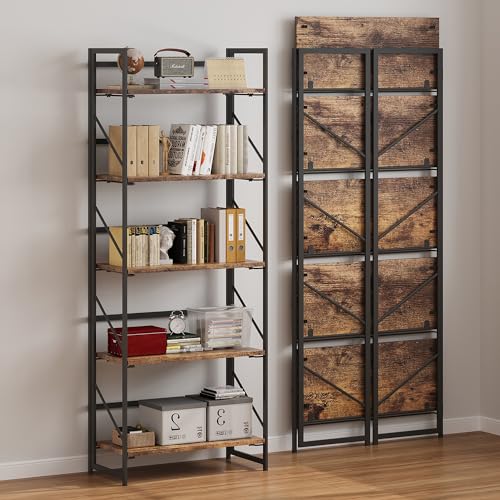 5-Tier Foldable Bookshelf, Industrial Metal and Wood Storage Shelf