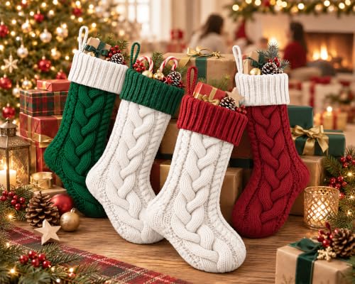 Edoneery 18 Inch Christmas Stockings, 4 Pack – Red/Green/White Ivory Cable Knit