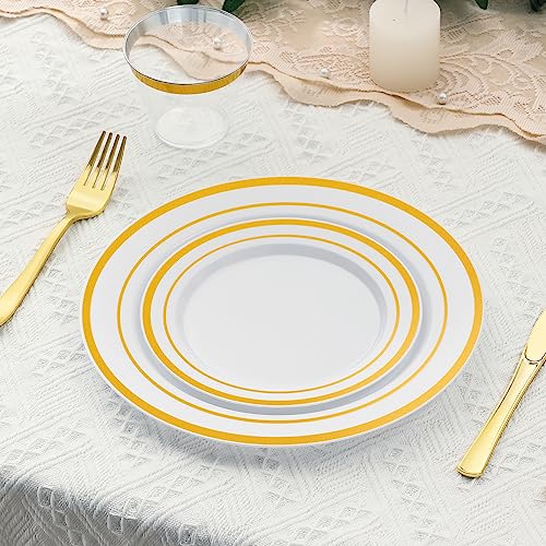 AOZITA Gold Rim 200pcs Heavy Duty Disposable Plates Set - 100 Dinner + 100 Salad Plates