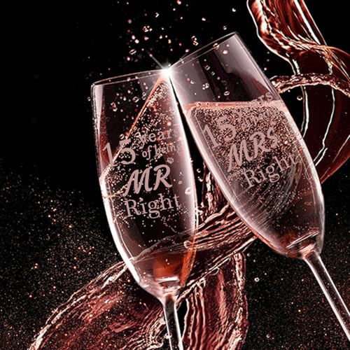 15th Anniversary Champagne Flutes Set of 2 with Gift Box – Crystal Glass, Elegant Design