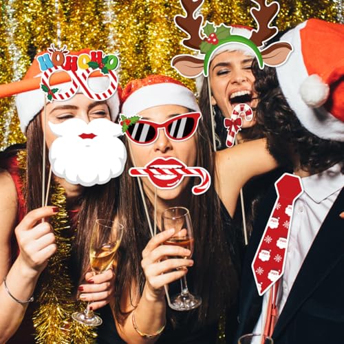 Pedel 31Pcs Christmas Photo Booth Props Kit for Xmas Holiday Party - Includes Wooden Sticks & Glue Dots