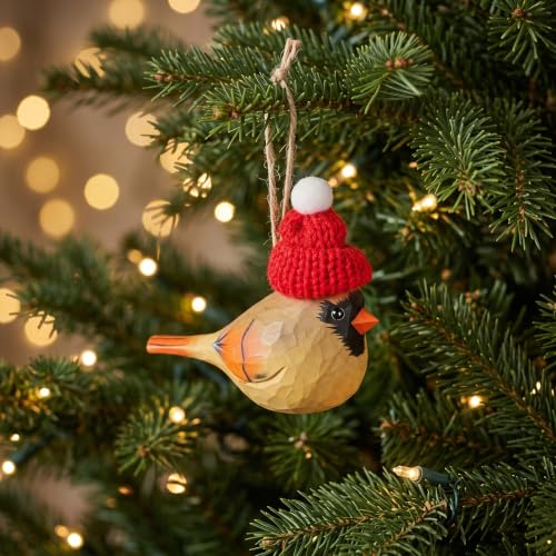 Hand-Carved Wooden Cardinal Ornament with Red Knit Hat - Gift Boxed
