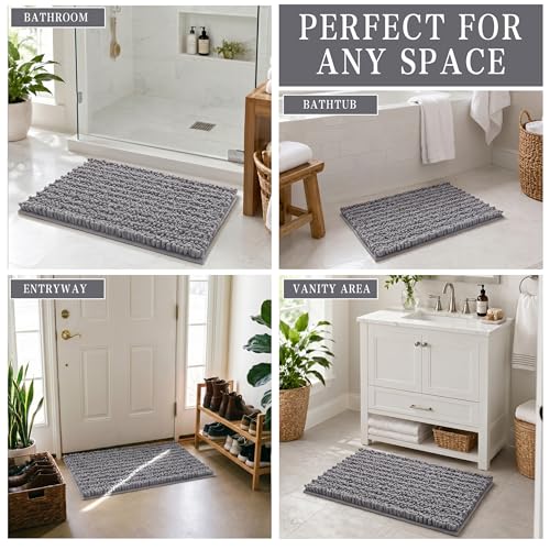Yimobra Non-Slip Chenille Bath Mat – Extra Soft Absorbent Shaggy Rug, 24x17 Grey