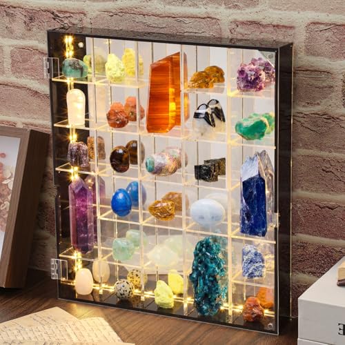 30-Grid Acrylic Display Case with LED Light and Magnetic Door for Rocks
