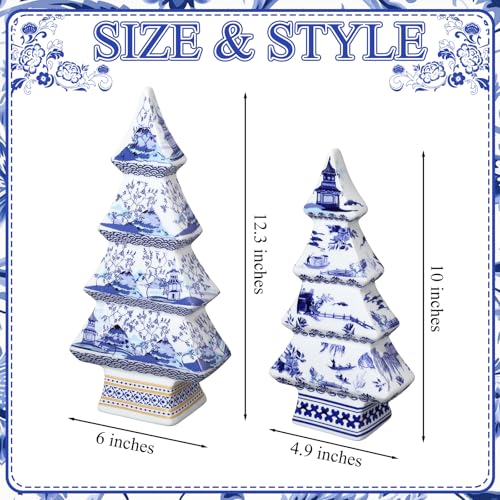 Bucherry 2 Pcs Chinoiserie Christmas Tree 12" 10" Elegant Style – Set of 2 Porcelain Trees