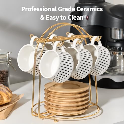 LUKA 6-Stripe White Ceramic Espresso Cups Set with Saucers & Metal Holder, 4.4 oz