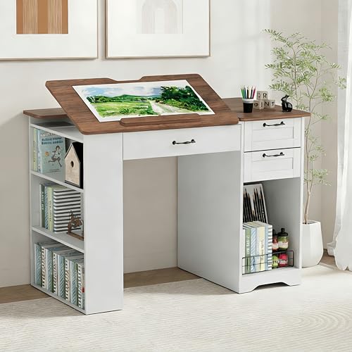 Adjustable Drafting Table with Storage Cabinet, Drawers, and Open Shelves