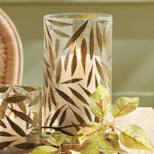 NAPA Home & Garden Rustle Hurricane Candle Holder 4.75 x 4.75 x 8 inches, Green Glass, Hand-Encased Fern