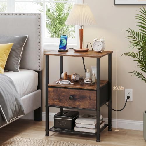 Nightstands Set of 2 with Charging Station, Fabric Drawer & Open Shelf