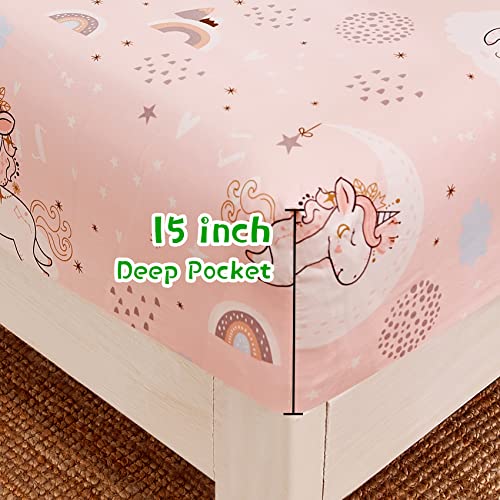 JSD Pink Unicorn Twin Sheet Set - 3-Piece Soft Microfiber Kids Bedding