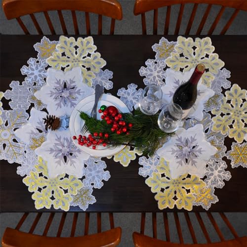 Grelucgo 14 x 120 in Machine Embroidered Silver & Gold Winter Snowflakes Table Runner