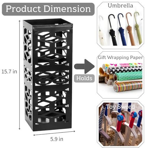 Metal Umbrella Stand for Entryway, Hollow Out Square Storage Bin, Black