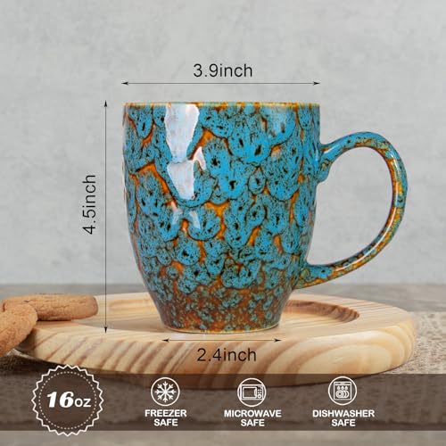 YINUOWEI 16 oz Ceramic Mug Set of 2 - Large Coffee Cups with Ergonomic Handles (Green & Blue, Blue)