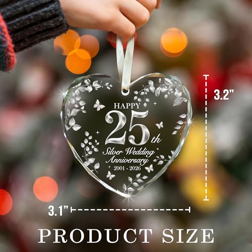 25th Wedding Anniversary Crystal Heart Ornament Silver Milestone Keepsake