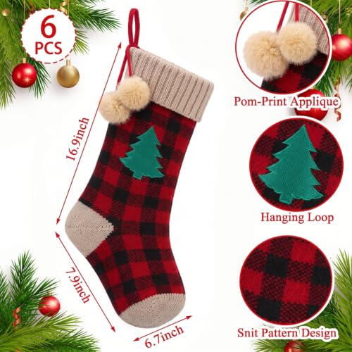 6-Pack Red Black Knit Christmas Stockings with Pom-Poms & Green Tree Patch - 17 Inch Holiday Decor