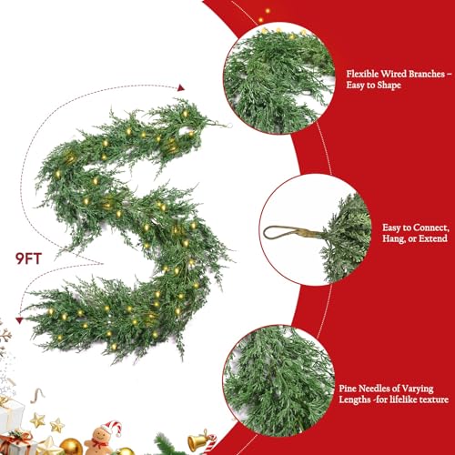 Cypress 9FT Artificial Christmas Garland with Lights - Indoor Outdoor Decor