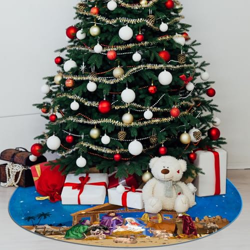 48 Inch Blue Christmas Tree Skirt with Nativity Scene - Christain Holiday Decor