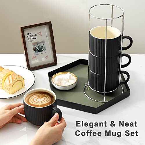 HASENSE Matte Black 15oz Ceramic Coffee Mug Set of 4 with Metal Stand