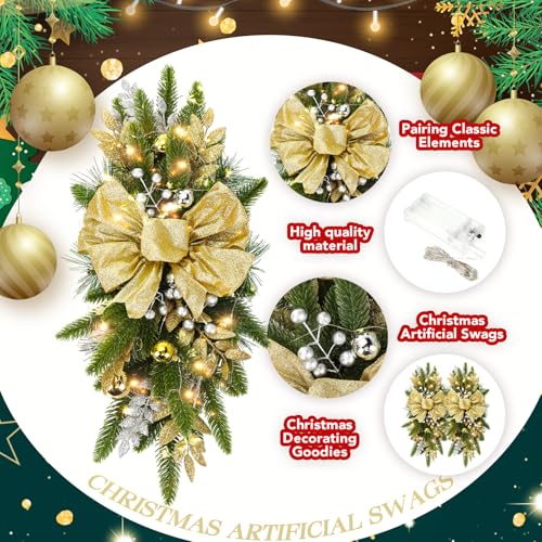 24-Inch Artificial Christmas Teardrop Swags - Gold Holiday Garland (8 Pack)