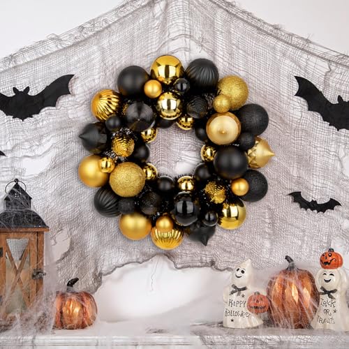 GnFlus Gold & Black Halloween Ball Wreath 13" Xmas Ornament Garland Decor