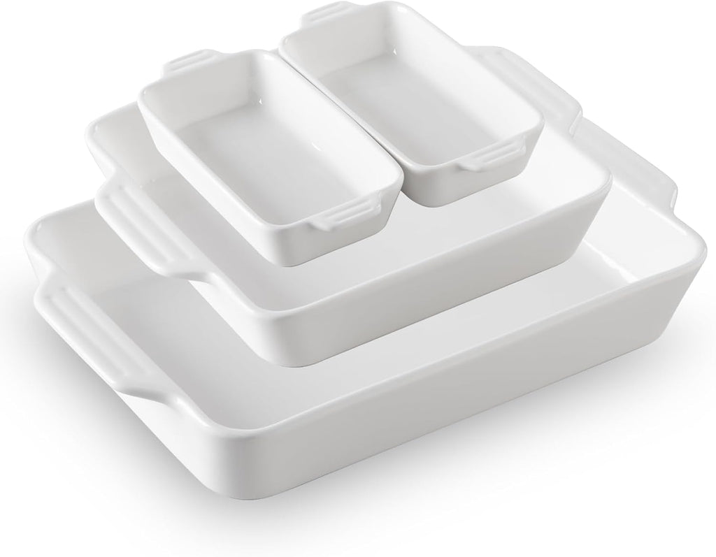 Sweejar Ceramic Bakeware Set - 4 Rectangular Casserole Dishes with Handles for Oven | White Lasagna Pans