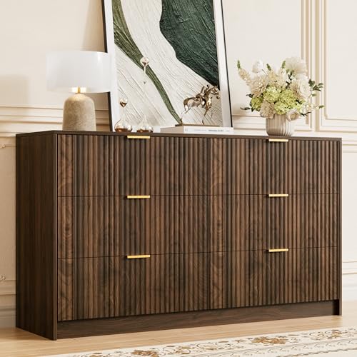 Modern 6-Drawer Walnut Dresser with Gold Handles, Wide Storage Chest