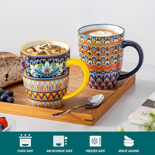Vancasso SIMI 16 oz Coffee Mug Set of 6 - Ceramic Boho Pattern Drinkware