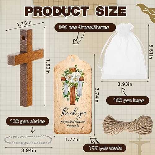 100-Piece Funeral Favor Set with Wooden Cross Keychains and Thank You Cards
