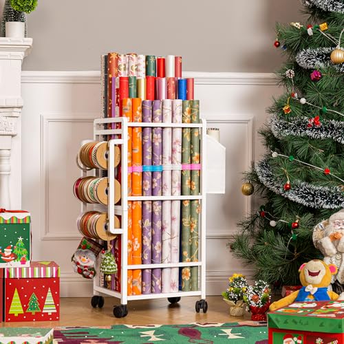 Rolling Gift Wrapping Paper Storage Cart with Adjustable Rods